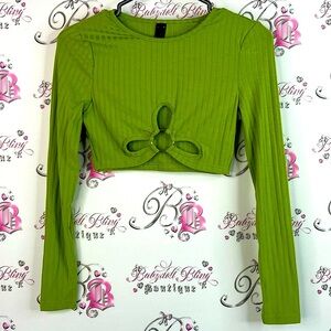 SHEIN top cropped long sleeve cut outs Olive Green Cutout Long Sleeve Crop Top